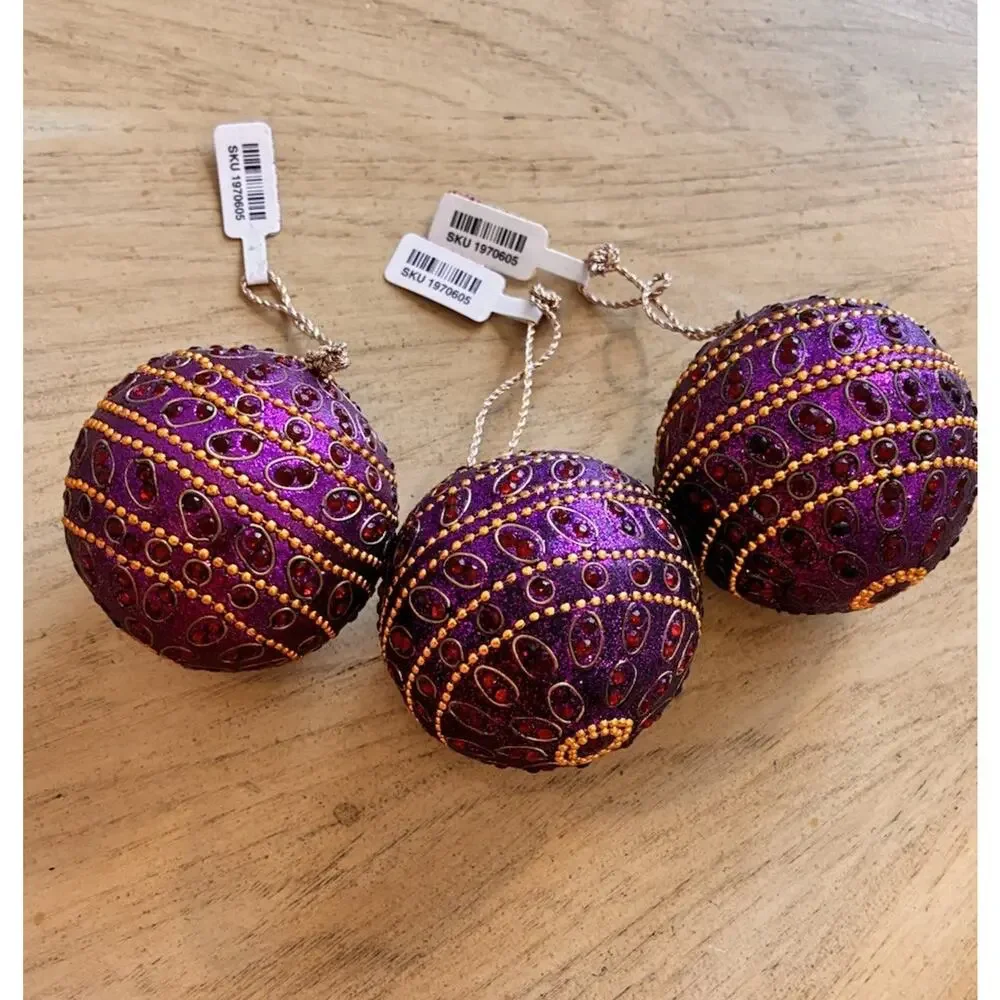 NWT Pier 1 Purple Jeweled Beaded Xmas Ornaments GEMS Gold Mardi Gras VTG Lot 3